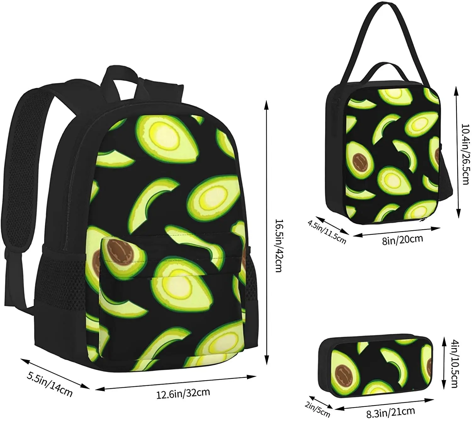 Black Backpack Set 3-Piece Teen Boys Girls Backpack Messenger Lunch Bag Pencil Case Set
