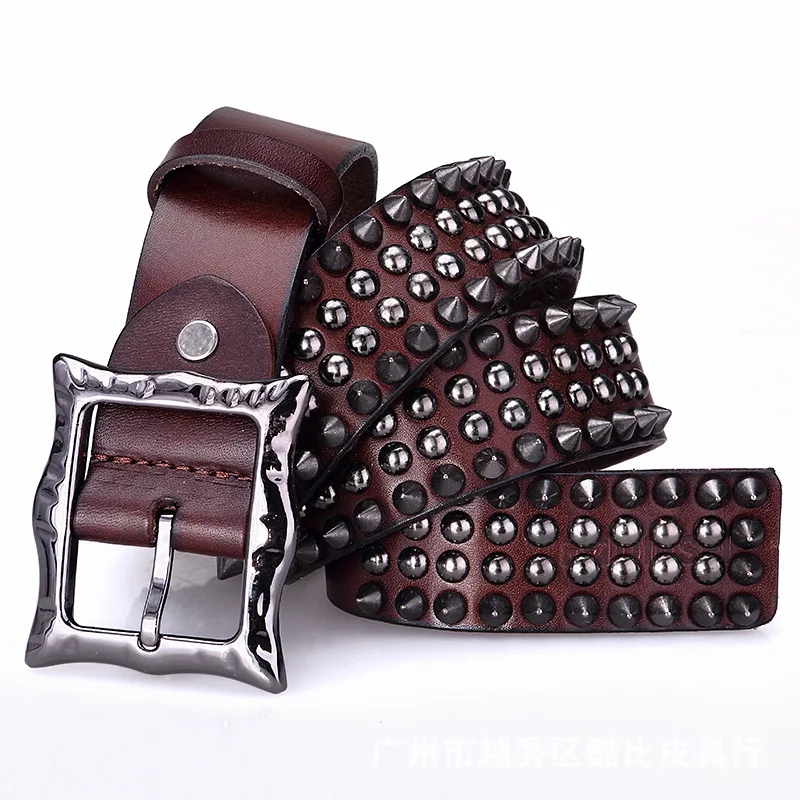 

2022 New High Quality Unisex Rivets Genuine Cowhide Personality Hip Hop Rock 3.8cm Width Retro Wild Jeans Square Pin Buckle Belt