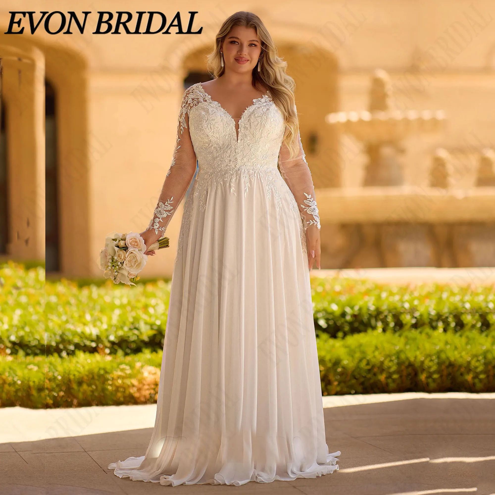 Фото EVON BRIDAL Свадебное платье кружевные аппликации длинные рукава А-силуэт шифон V-образный вырез открытая спина свадебное платье на заказ большого размера молния с пуговицами стиль бохо платье невесты №5
