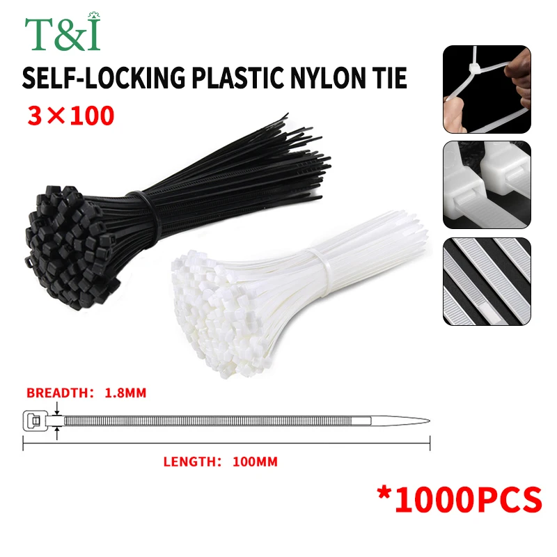 

1000PCS 3×100mm Self-locking nylon cable tie plastic fixed strong strap binding strap cable strap black strap rope bundle