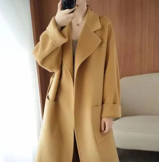 

Women woolen overcoat 2022 Autumn Winter New Double-sided Cashmere Long Belt Big Pocket Wool Coat Fashion Female Vintage Outwear