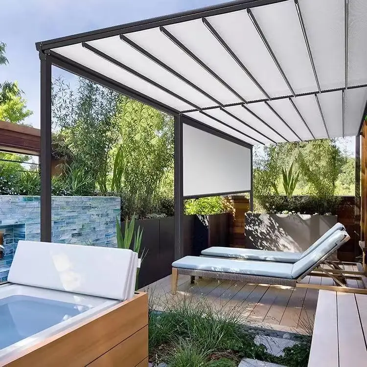 

Outdoor waterproof PVC Fabric Retractable Roof Awning Pergola Bioclimatic aluminum frame sunshade