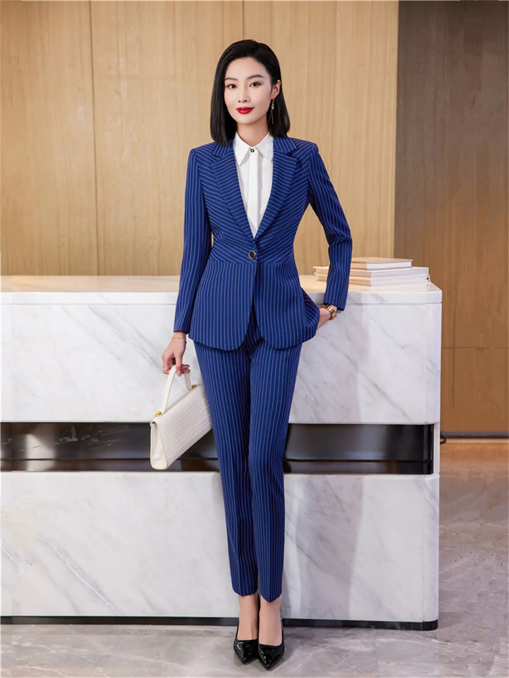 Elegant Women Pant Suit 2023 New in Blue Blazer + Trousers Long Sleeve Striped Suit Formal Office Lady Business 2 Piece Set