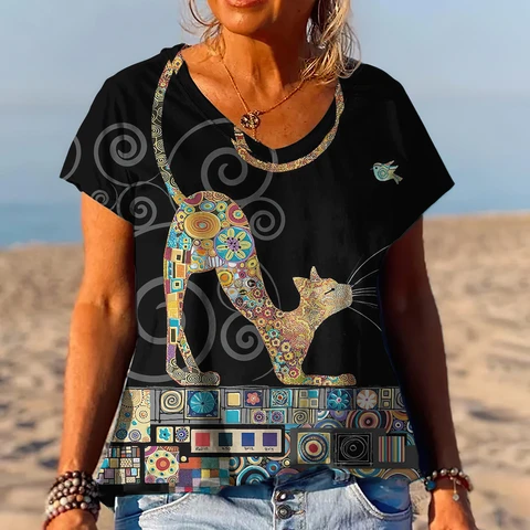 Vintage Kitten Women's T Shirt Anime Cat Girl Clothes V-neck Casual Short Sleeve Sweatshirt Retro Streetwear Blouse Harajuku Top