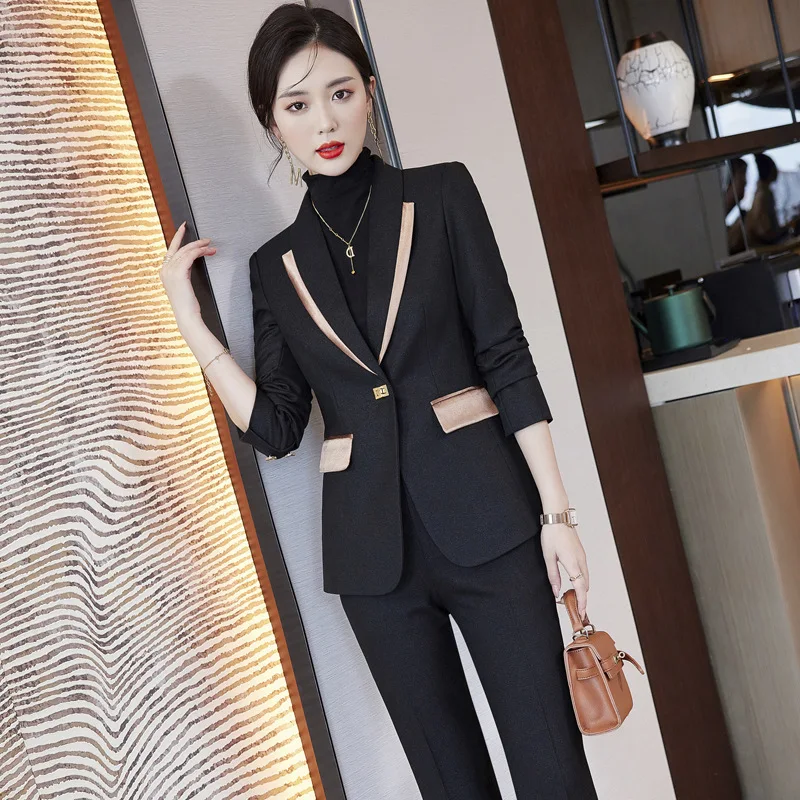 IZICFLY New Autumn Winter Slim Patchwork Office Blazer And Pant Sets Business Work Suits For Women Two Piece Outfits Green