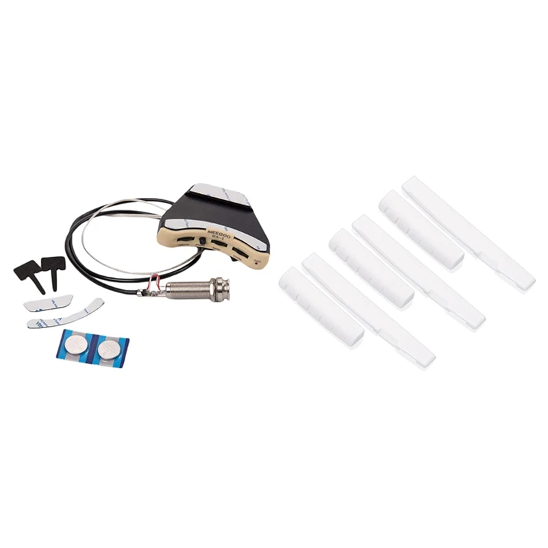 

6 Pcs Guitar Nut and Acoustic Bridge Saddle & 1 Set Acoustic Guitar Soundhole Preamp 3 Band Pickup Eq with Microphone