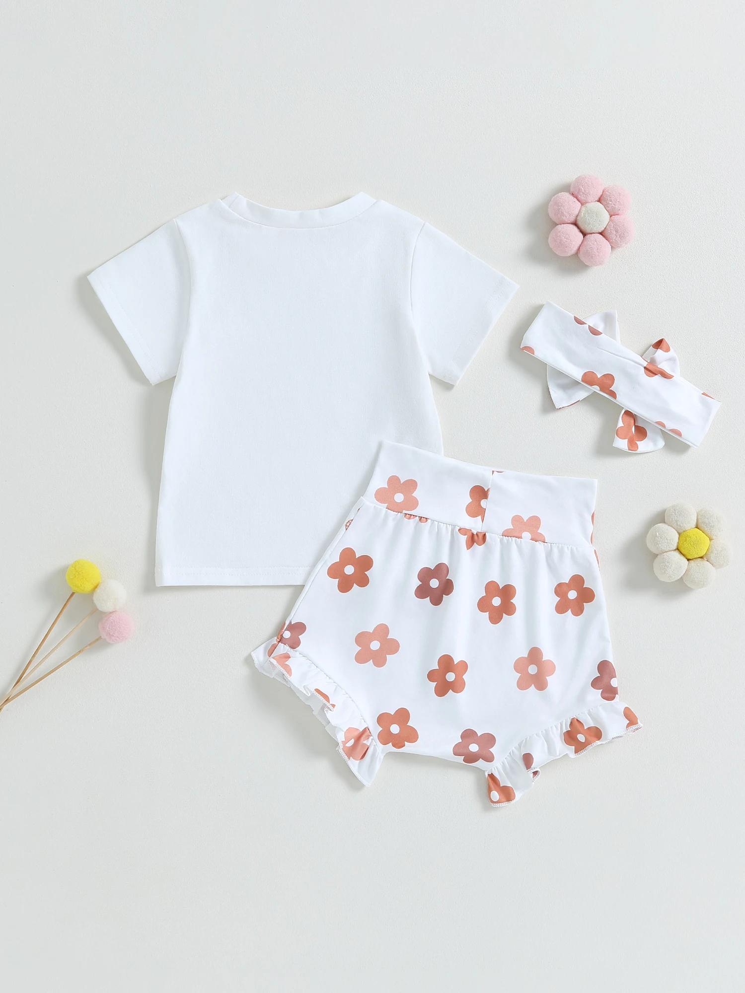 

Летняя одежда для новорожденных девочек 3 шт. футболка с коротким рукавом с буквенным принтом Цветочные шорты повязка на голову 0-24 мес.