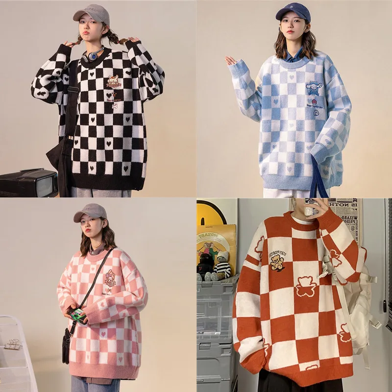

Kawaii Sanriod Anime Series Cinnamorol Onpompurin Mymelody Checkerboard Embroidery Sweater Autumn Winter Outside Wear Girls Gift