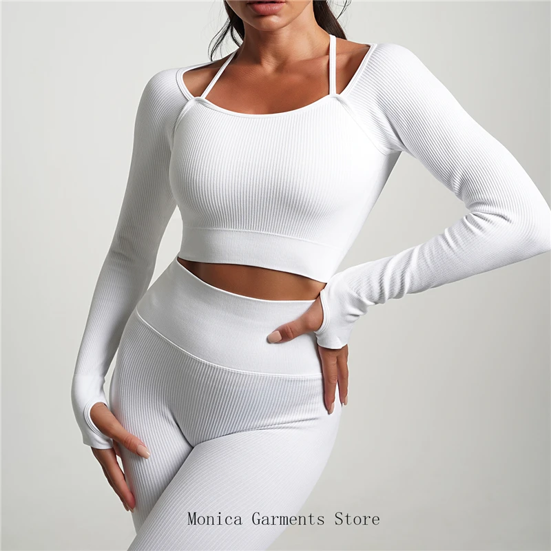 Monica Sports Women's Yoga Fitness Bra Long Sleeve Shirt Shorts Leggings High Waist Gym Wear Sportswear Women