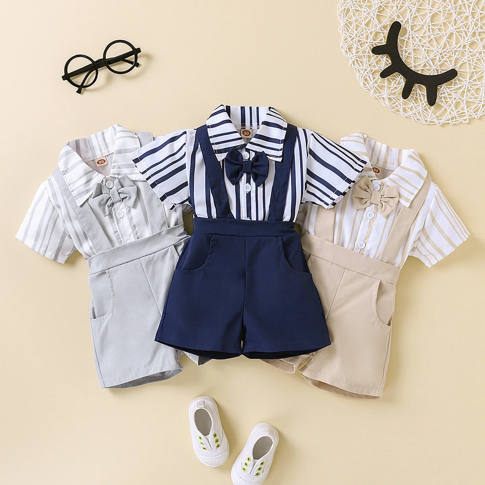 

The Latest Kid Baby Boys Suit in 2022, Bowtie Striped Shirt + Gentleman Suspender Pants, Suitable For Infants Aged 3-24 Months