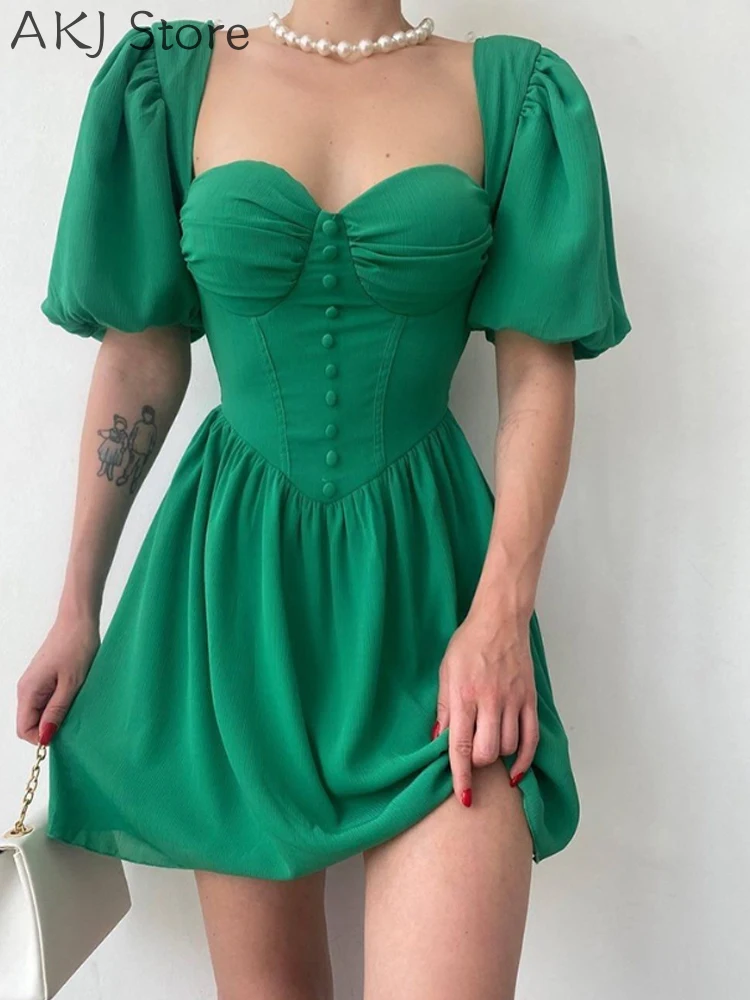 

Женское вечернее платье на пуговицах с коротким рукавом и пышными рукавами