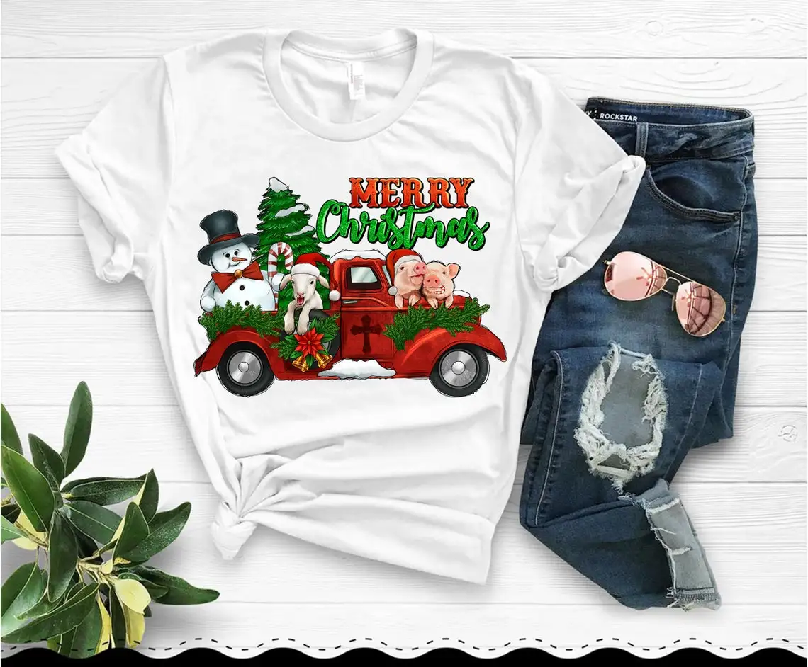 

Merry Christmas Snowman Farm Truck Print T-Shirt Women'S Clothing Funny Deer Tshirt Femme Harajuku Shirt Kawaii Clothes T Shirt