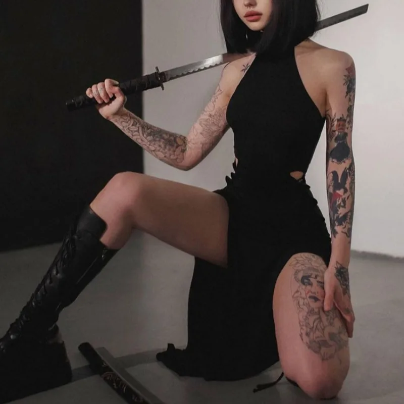 Гот Темный Косплей Высокий Разрез Сексуальные Бандажные Женские Платья Y2K Mall