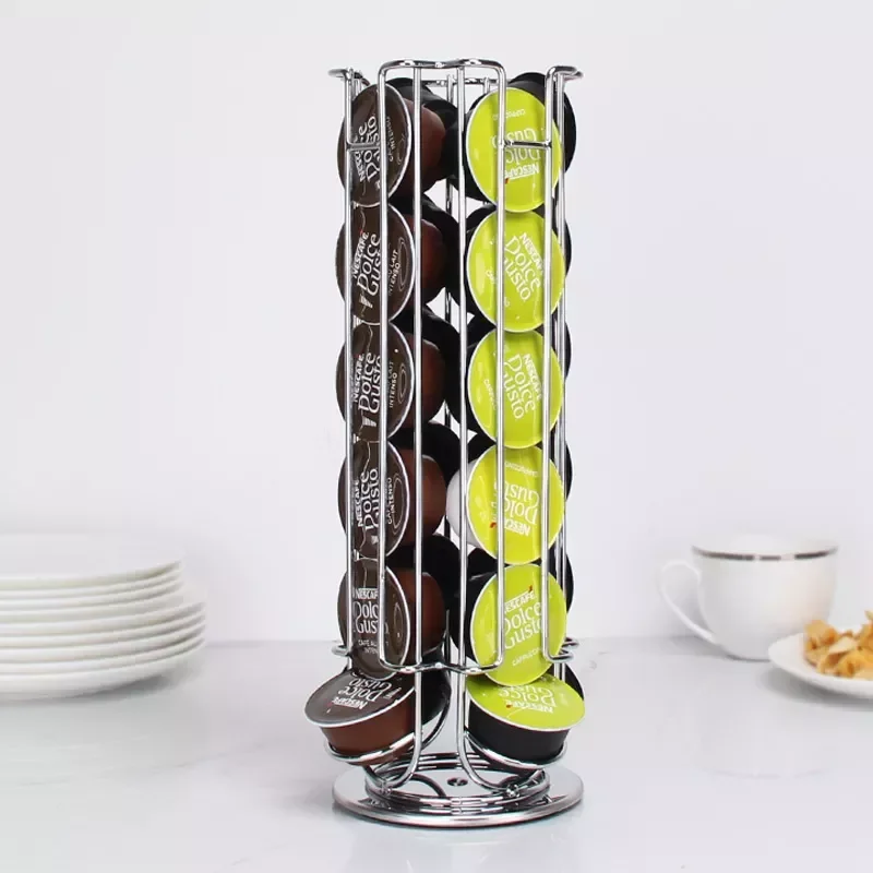 

24 cups Rotatable Coffee Pod Holder Iron Chrome Plating Display Capsule Rack Stand Storage Shelves For Dolce Gusto Capsule