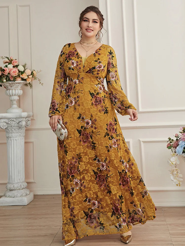 

Plus Size 4XL for Women Dress Elegant Long sleeve V-neck polyester Clothing 2023 bishop sleeve Cocktail Evening Party Dresses