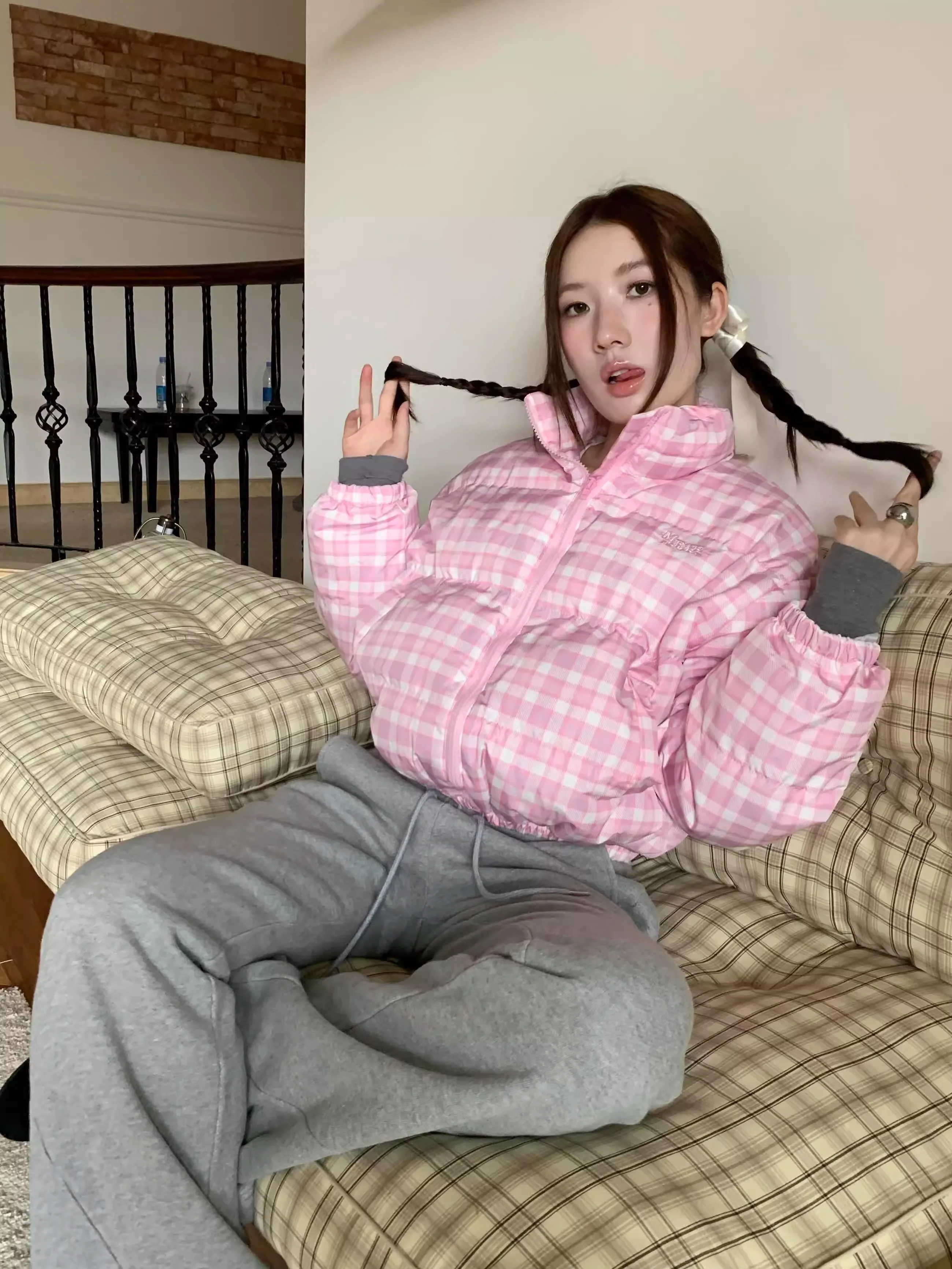 American vintage Pink Plaid Stand Collar down Jacket Cotton-padded Clothes Short Women Winter Thick Warm Coat