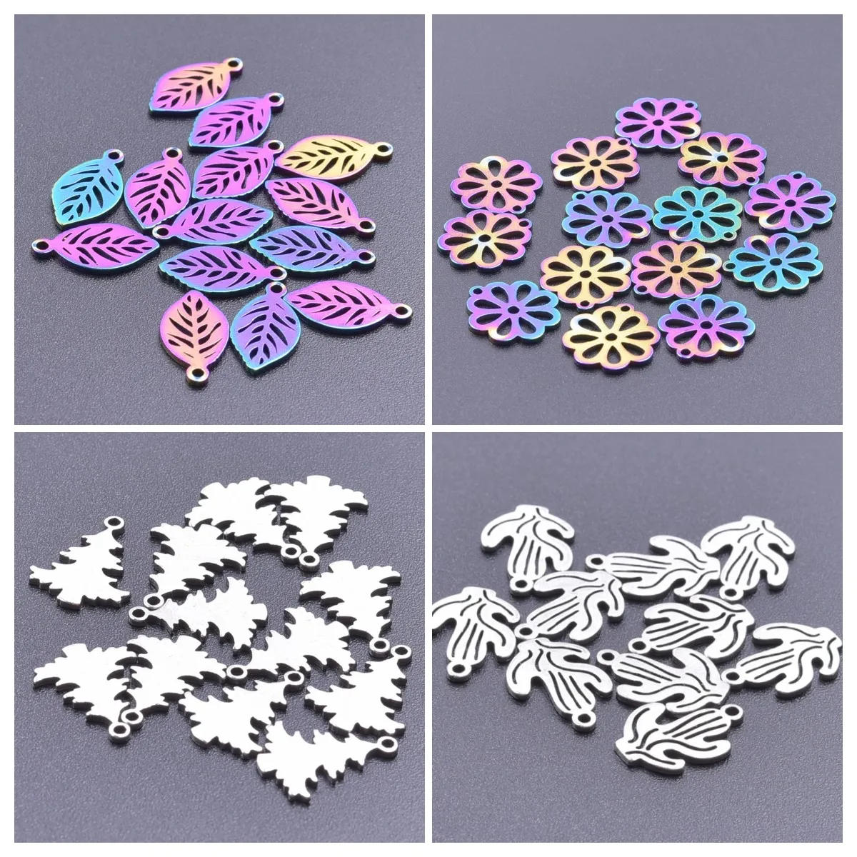 

10pcs Stainless Steel Flower Charms Christmas Tree Charms Leaf Cactus Plant Pendant for Jewelry Making DIY Earrings Bracelet