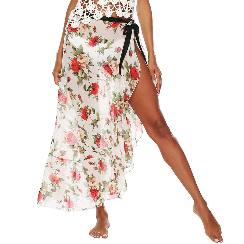 

Women's Printed Sweet Chiffon Irregular Ruffle Bandage Beach Skirt White One Size