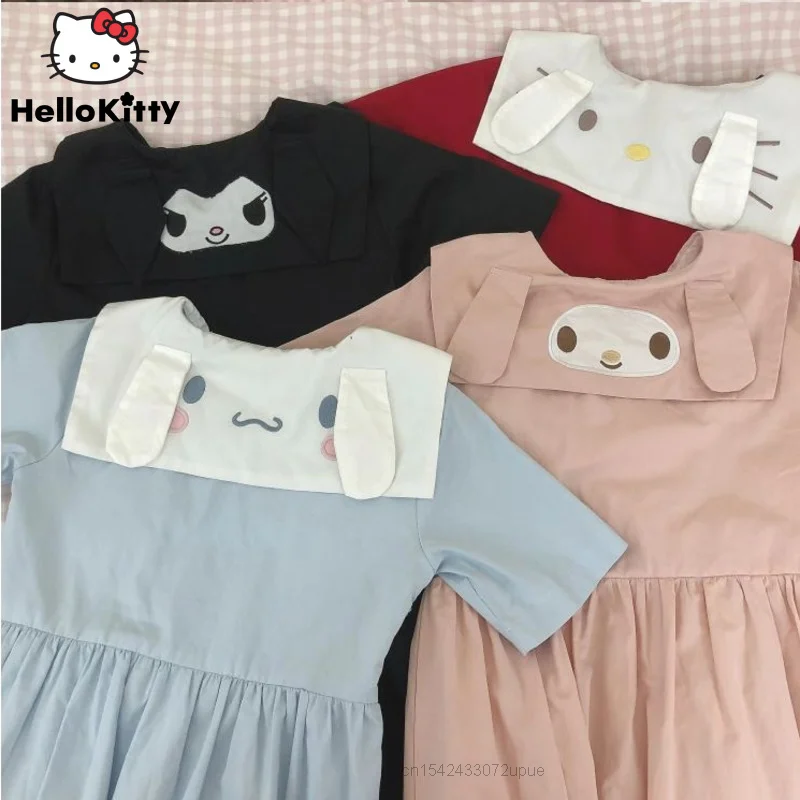 Sanrio Hello Kitty Dress Y2k Girl Cartoon Melody Sweet Japanese College Style Dresses Women Summer Dress Female Kawaii Clothes