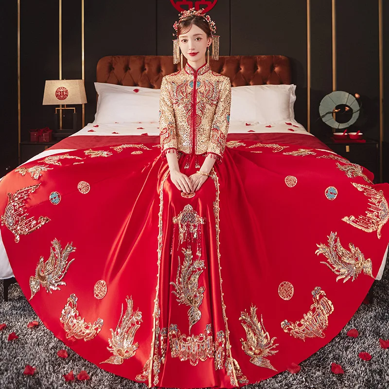 

Длинное свадебное платье-Ципао с вышивкой, в восточном стиле