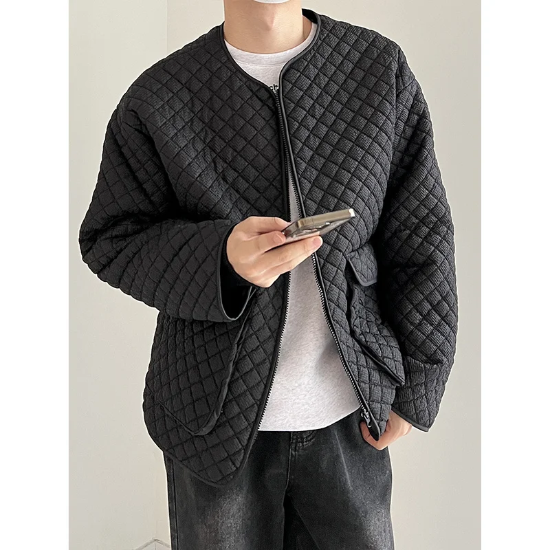 Winter Jacket Men Warm Fashion Casual Beige Black Plaid Jackets Men Korean Loose O Neck Short Coat Mens Parker Clothes M-XL