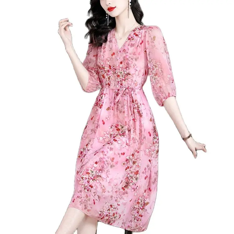 

Japanese Fashion Women Printing Dress Pink High Quality Chiffon Dress Three Quaters Sleeves