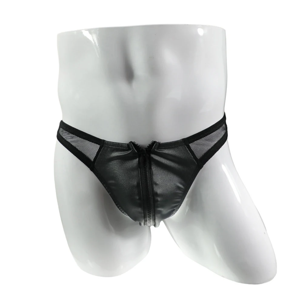 

Zip Up Open Crotch Mesh PU Leather Panties Men Sexy Underwear Breathable Nightclub Low Waist Erotic Open Front Briefs Underpants