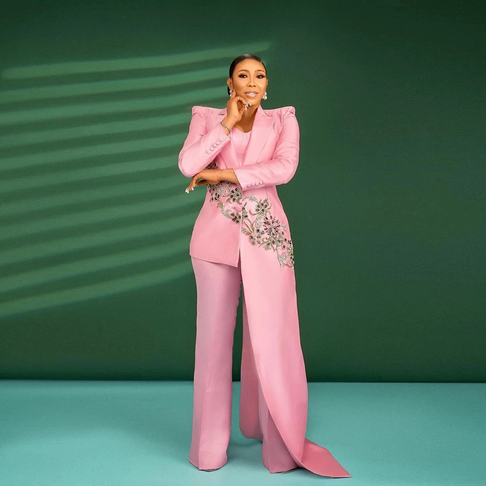 

Pink Carpet Pants Suits Women 2 Pieces Single Breasted Blazer Trousers Plus Size Crystal Beads Dress Mother Evening Party Wear