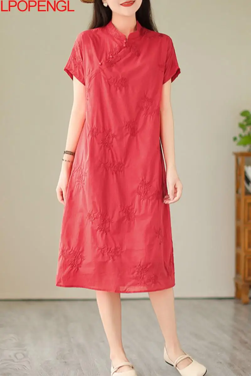 2023 Summer New Improved Wedding Dress New Chinese Style Cheongsam Dress Retro Embroidery Red Ramie Dress Female