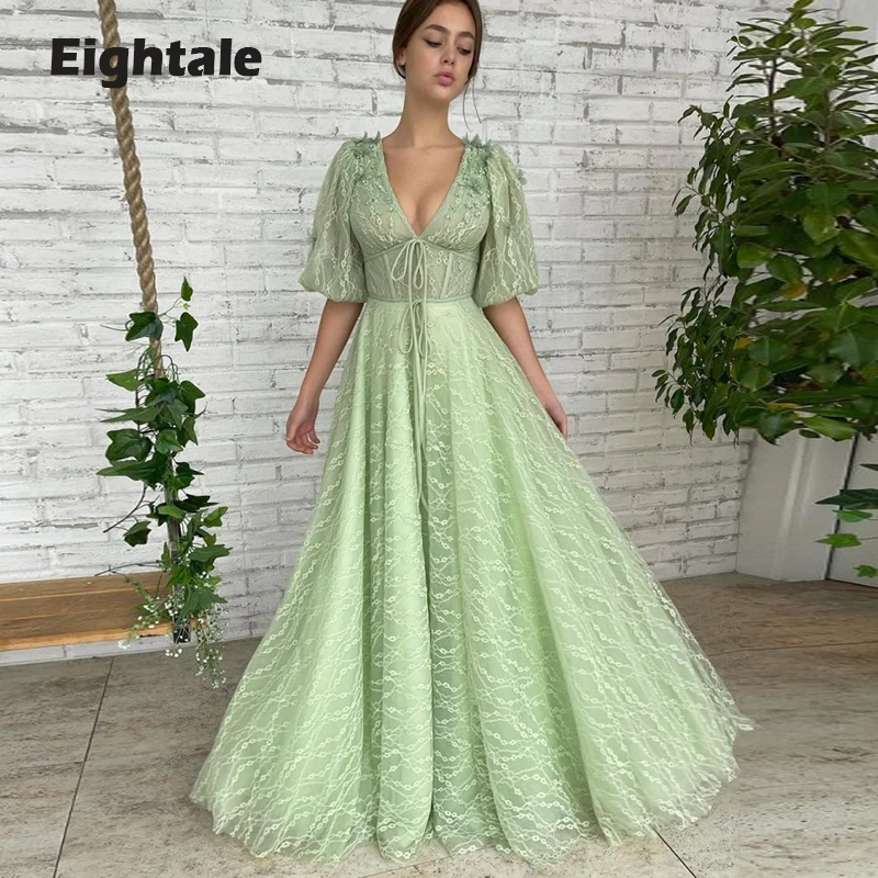 

Eightale Lace Prom Dresses V Neck Beaded Short Sleeves Green Long Evening Gown for Wedding Party Gown vestidos para graduación