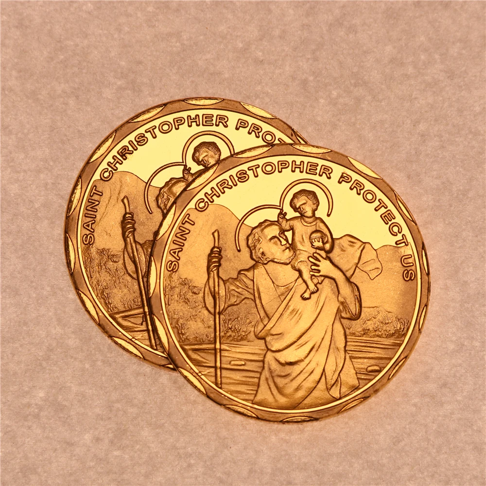 

24K Gold Plated Christ Jesus Gold Coin Travel Charm Protection For Traveler Gift Saint Christopher Protect Us Commemorative Coin