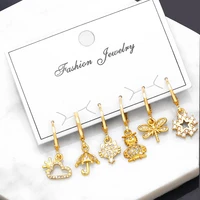 flola 6pcslot copper cz crystal dragonfly earrings for women polish gold hoops owl huggie earrings wholesale jewelry ersa139