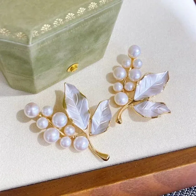 Женская Брошь в виде листьев из натурального пресноводного жемчуга