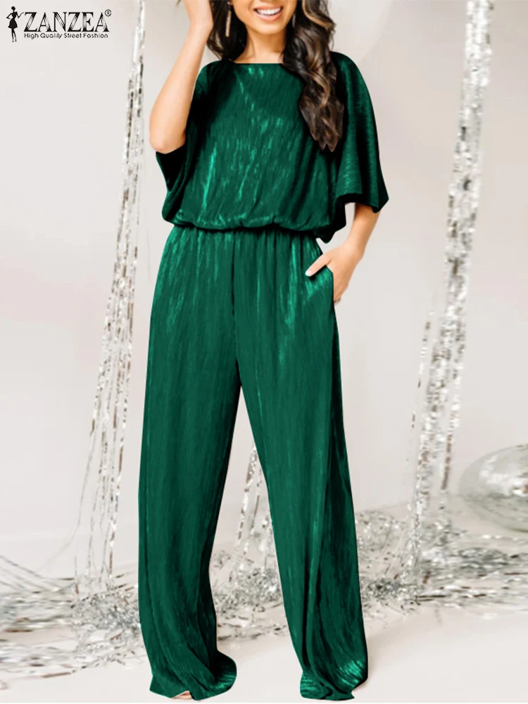Oversized Summer Rompers Fashion Women Half Sleeve High Elastic Waist Jumpsuits ZANZEA Casual Wide Leg Playsuits Solid Overalls