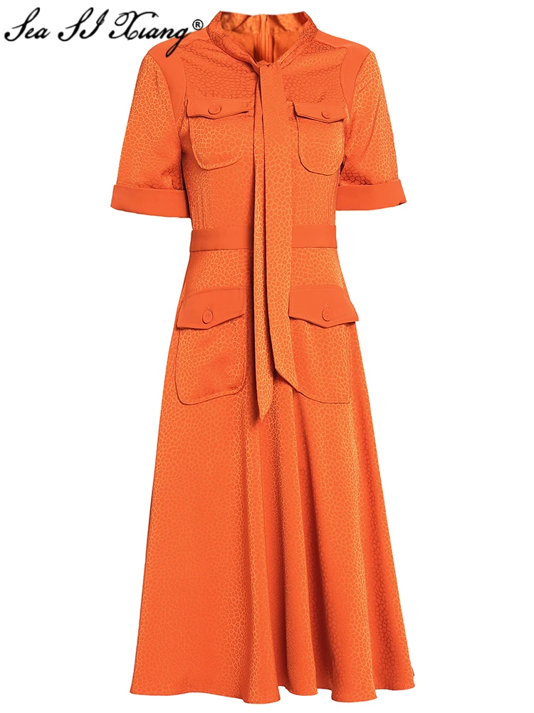Женское винтажное платье Seasixiang дизайнерское летнее со шнуровкой воротником и