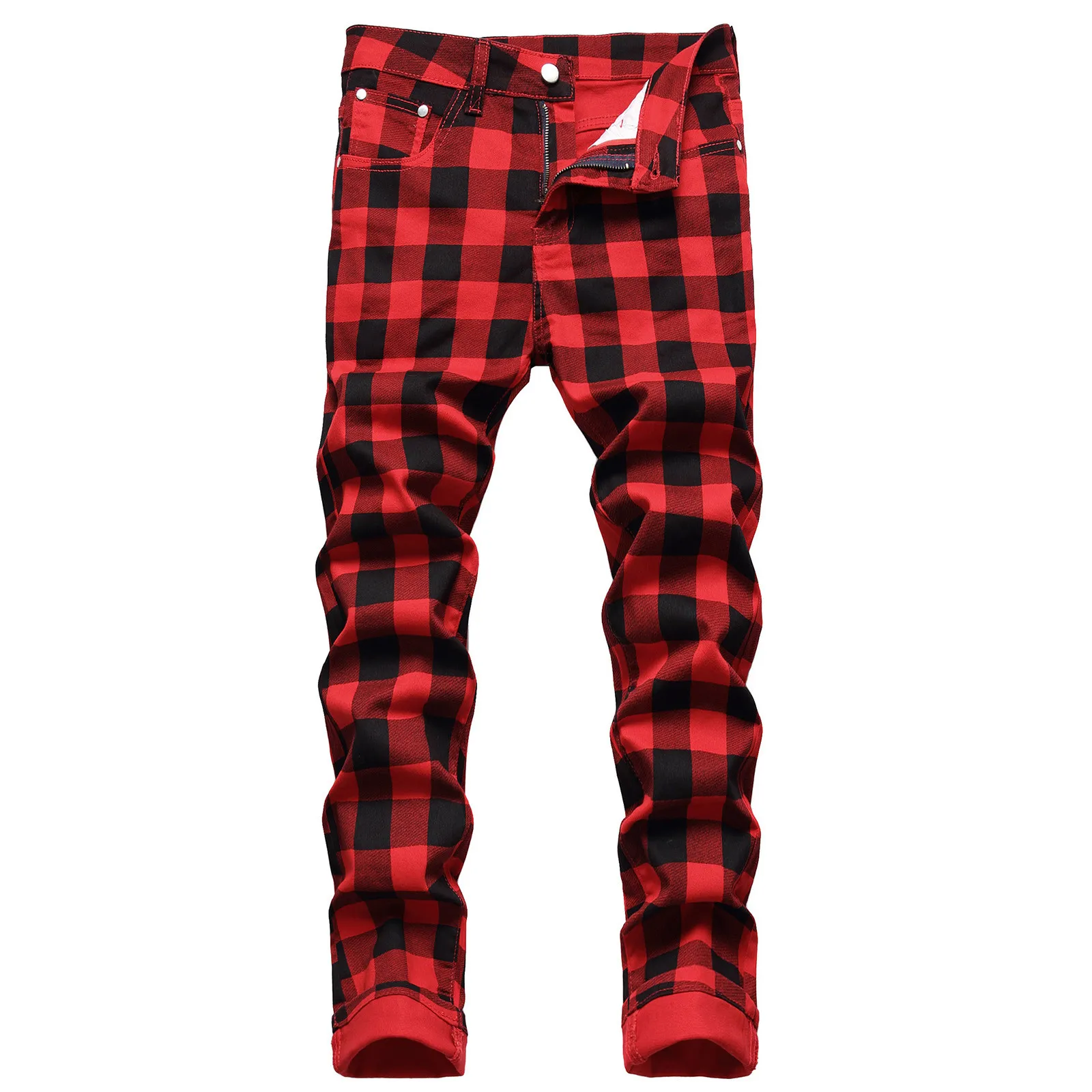 

Male Casual Mid Waist Tight Jeans Pant Plaid Print Zipper Fly Pocket Pencil Pant Trousers