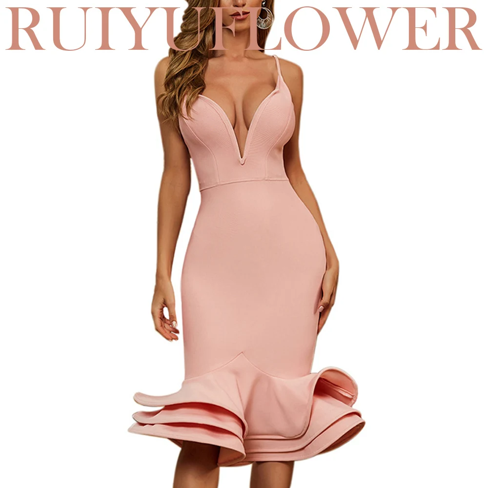 

Lady Sexy Elastic Slim Ruffle Mid Calf V Neck Sling Evening Dress Model Host Wedding Dinner Banquet Women Clothing Free Shipping