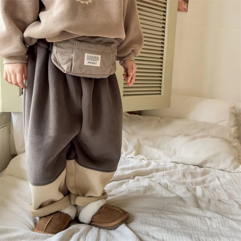 

Kids Fashion Retro Patchwork Pants Girls All-match Cross-pants Children Fleece Warm Cotton Trousers Boys Comfortable Loose Pants