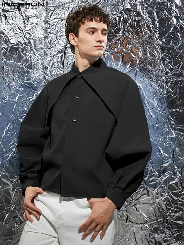 Stylish All-match Tops INCERUN Casual Men Solid Color Loose Lantern Blouse Handsome Male Hot Sale Long Collar Shirts S-5XL 2022