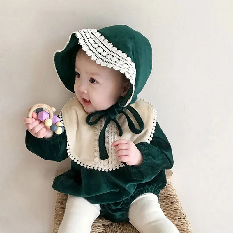 

Newborn Baby Romper Solid Color Soft Gold Velvet Triangle Jumpsuit Spring Outdoor Travel Casual Clothes Baby Girl Romper 3PC Set