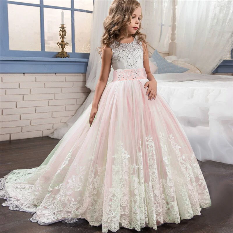 

Kids Girl Elegant Weddings Pearl Petals Girl Christmas Dress Princess Party Pageant Lace Frock Tulle for 6 7 8 9 10 11 12 14Yrs