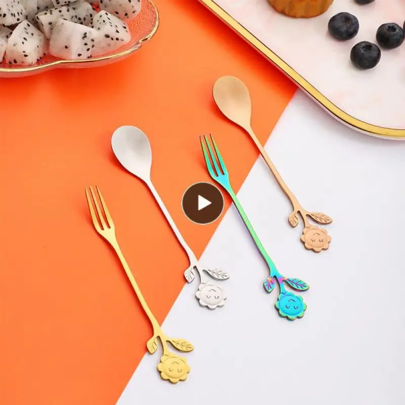 

Sunflower Pattern Spoon Fork Stainless Steel Thin Handle Tea Spoon Coffee Stirring Rod Dessert Fork Tableware