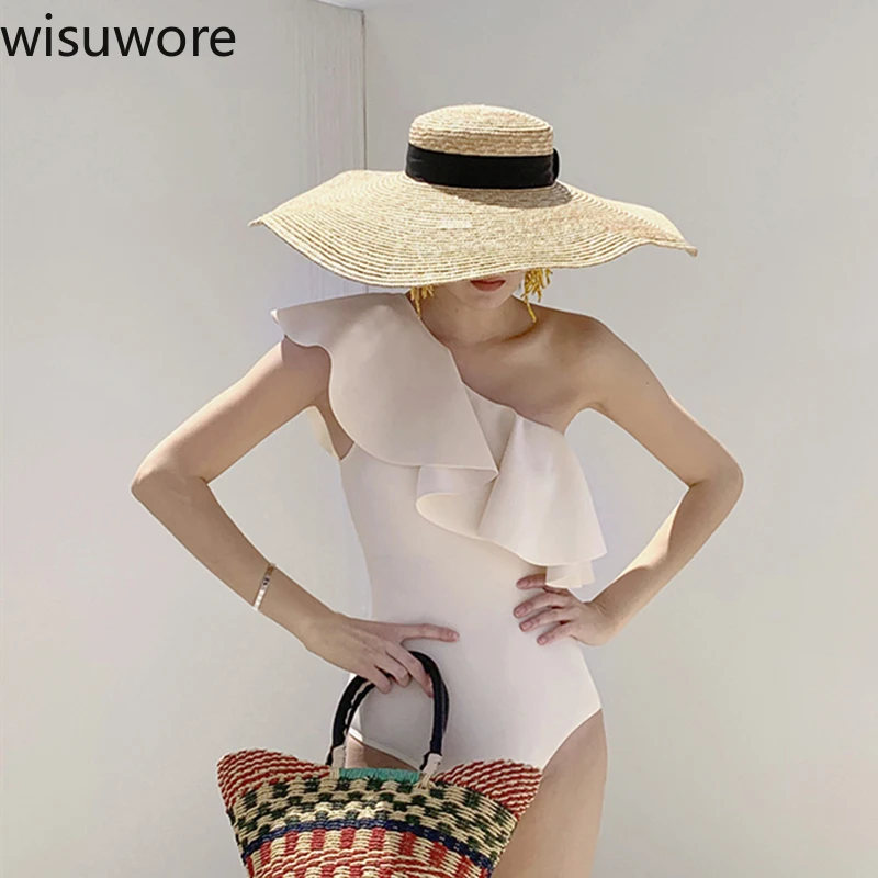 

Wisuwore One Shoulder One Piece Ladies Swimwear Sexy Large Ruffle Edge Korea New Solid Color Swimsuit Bodysuit Women Bikini