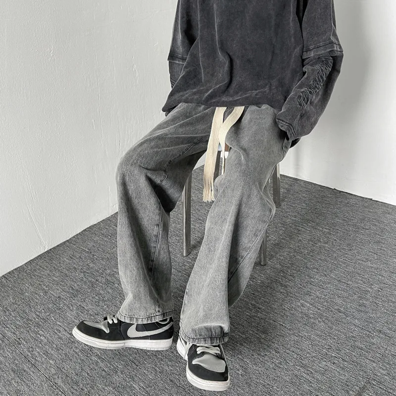 Blue Grey Baggy Jeans Men Fashion Vintage Drawstring Jeans Men Streetwear Hip-hop Loose Straight Denim Pants Mens Trousers M-2XL