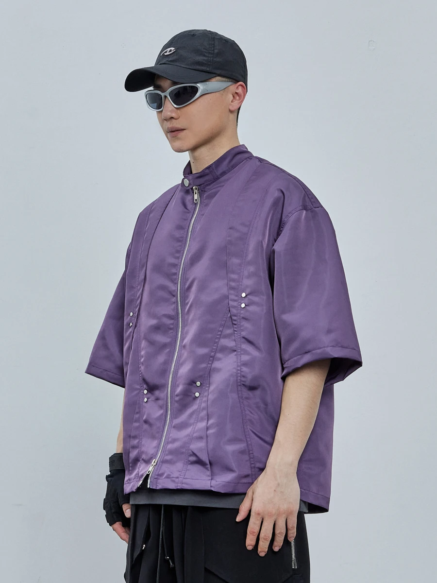 

CATSSTAC 23SS Vibe piece split zipper short-sleeved shirt Urbanoutdoor High street Fashion Purple splicing shirts Streetwear
