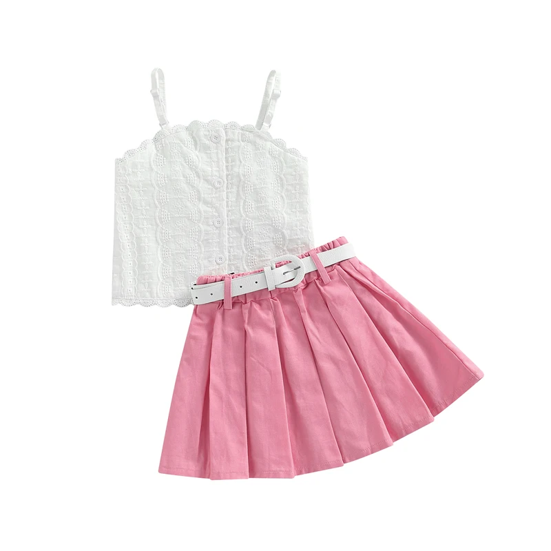 

Kids Girl Casual Suit 1-6 Years Solid Color Lace Ruffle Sleeveless Sling Tops+Pleated Short Skirt+Belt Outfits Sweet Clothes Set