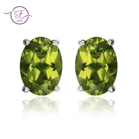 silver earrings oval natural green peridot stud earrings for women gemstone earring party anniversary gifts