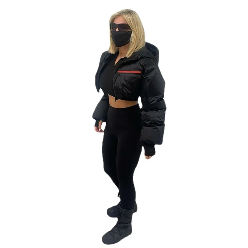 2022 Autumn and Winter New Women's Fashion Printing Zipper Hood Waist Loose Short Cotton Jacket Women