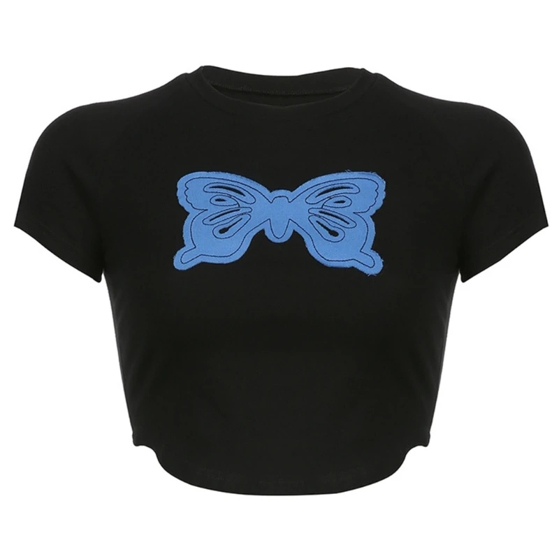Women Butterflies Embroidery T-Shirt Aesthetic Short Sleeve Curved Hem Crop Top 10CD