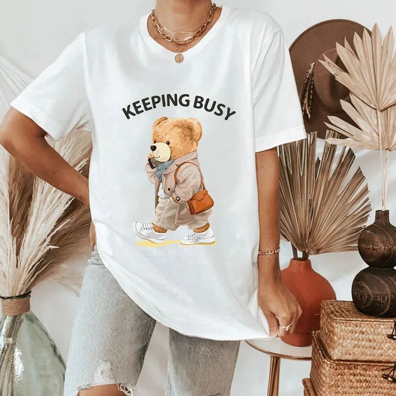 

Women T shirts High Quality 100% Cotton Funny Keeping Busy Bear T-shirt Printing Short sleeve Tops Loose O-neck Unisex T-shirt